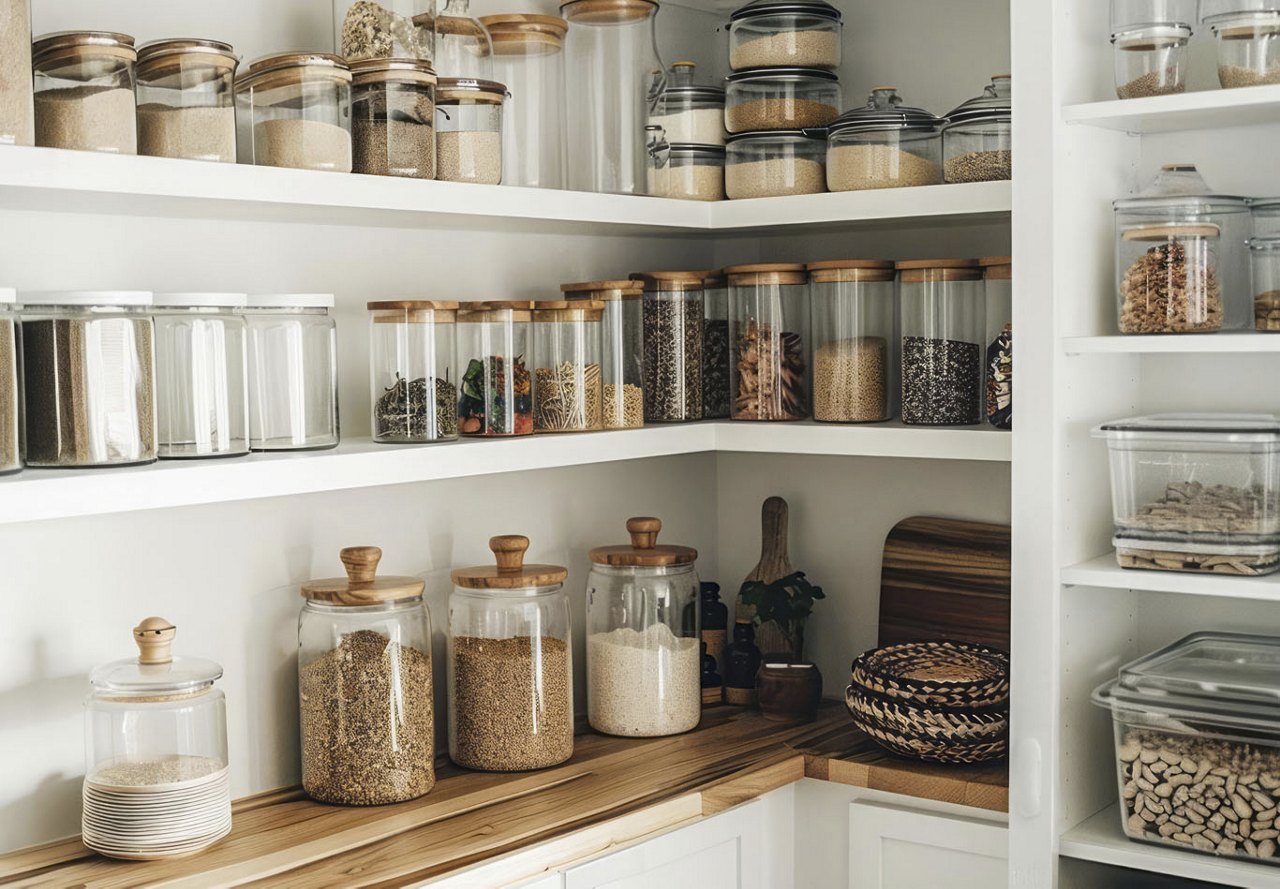 Neatly organized pantry with glass jar containers and wooden shelves, creating a tidy and visually appealing storage space in a home.