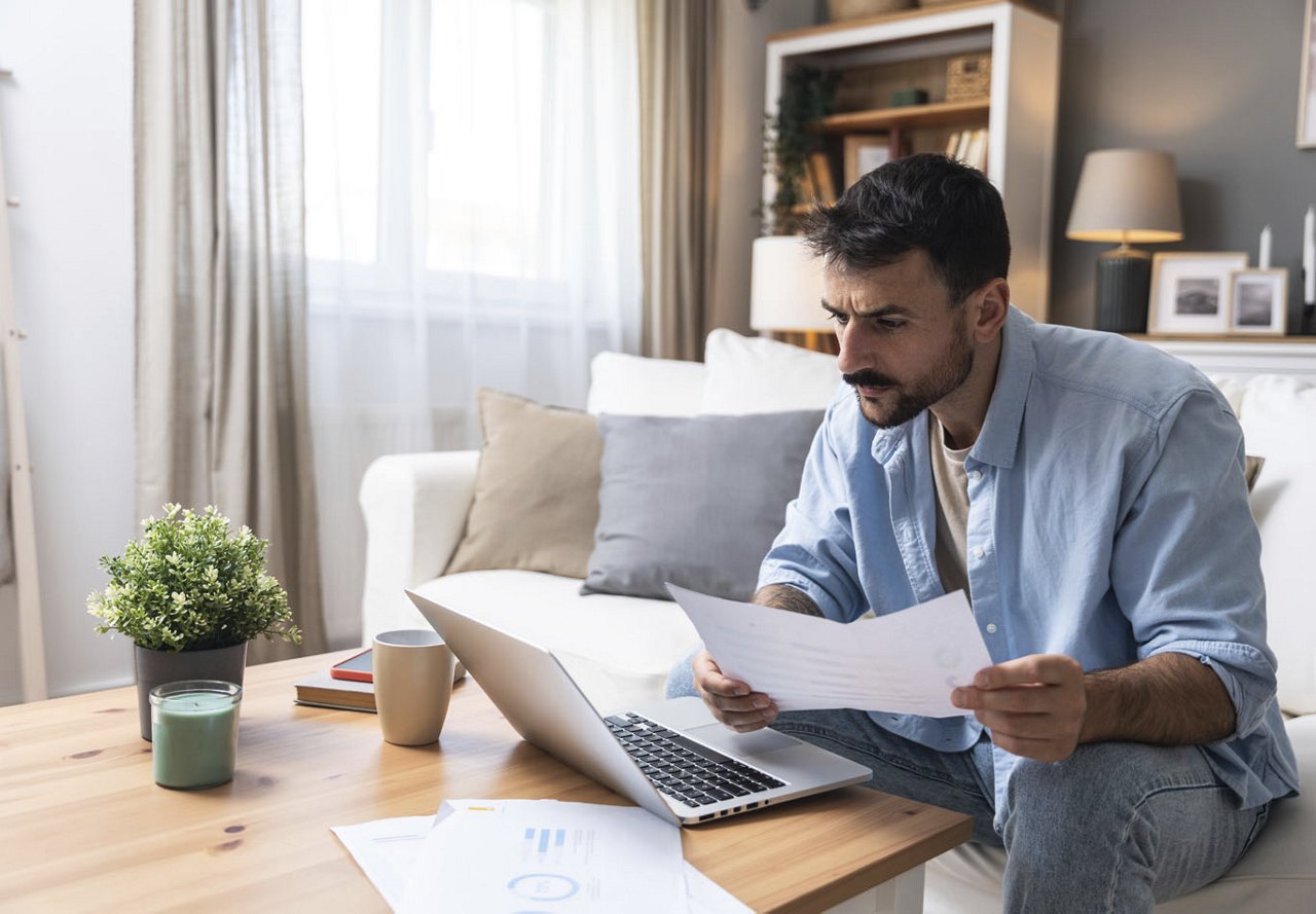 Man sitting on a couch, looking at a computer and paperwork with a serious expression, surrounded by home decor.