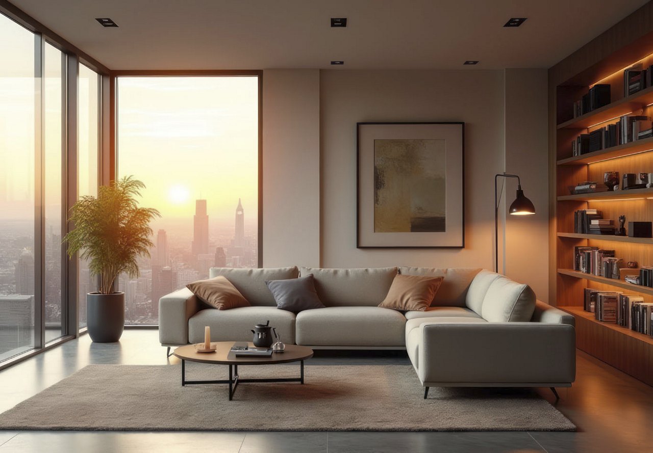 A beautifully designed modern apartment in a high-rise building overlooking the city below, featuring a stylish living room with contemporary decor and large windows that let in the warm glow of the sunrise.