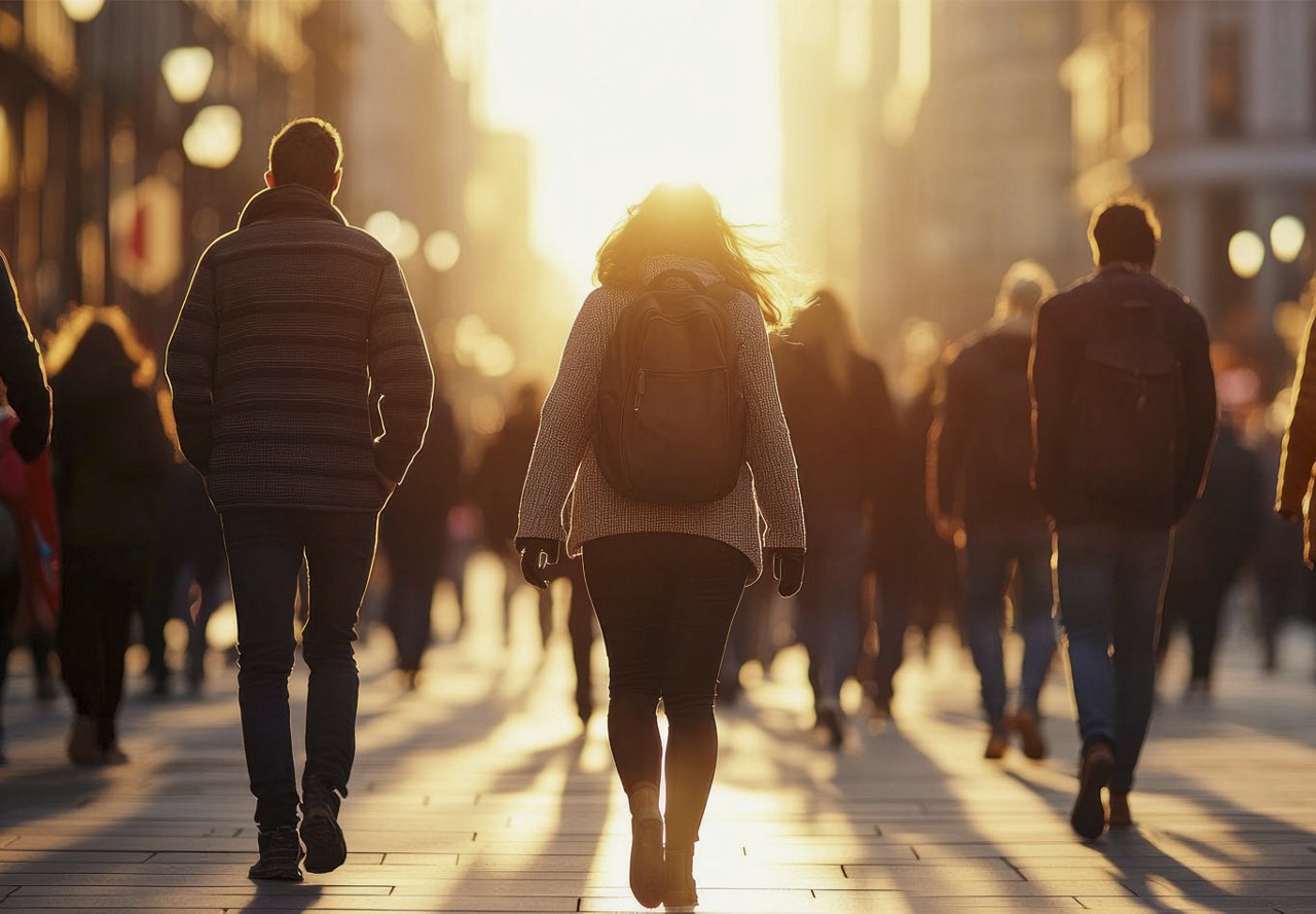 A bustling city street filled with pedestrians, featuring a woman with a backpack walking purposefully, likely heading to work, as the sun rises in the background, casting a warm glow over the scene.