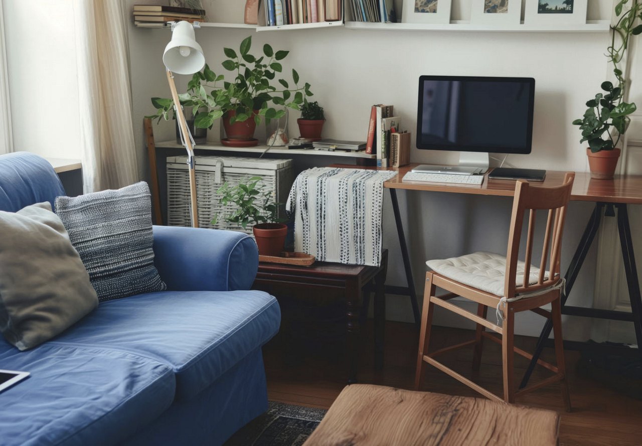 A view of an apartment corner featuring a desk and a couch, creating a cozy workspace, with plenty of indoor plants and a computer on the desk.