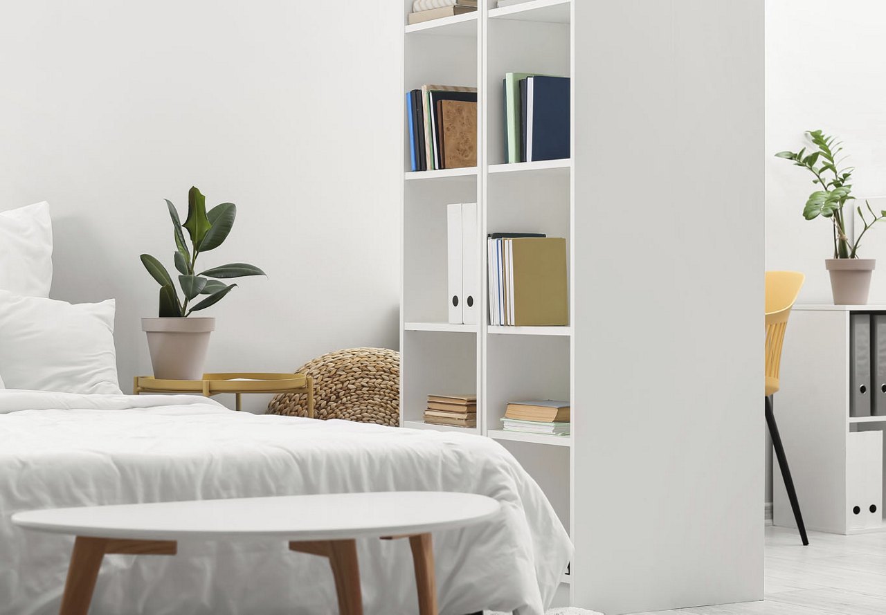 A white apartment space featuring a bed with open shelving on one side, creating a natural division between the sleeping area and the desk space.