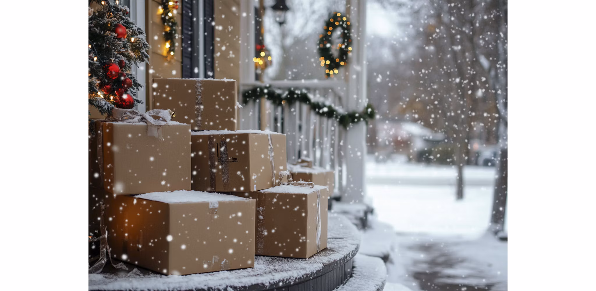 Cardboard boxes on a snow-covered front porch with Christmas decorations adorning the house, representing holiday gift deliveries in a wintery scene.
