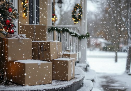 Cardboard boxes on a snow-covered front porch with Christmas decorations adorning the house, representing holiday gift deliveries in a wintery scene.