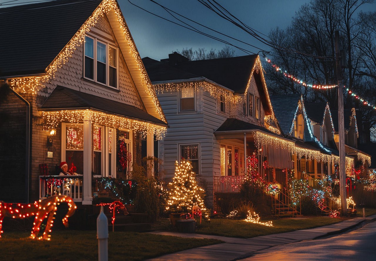 A neighborhood street lined with houses adorned with festive lights and decorations, with a sidewalk connecting the homes and creating a welcoming community atmosphere.