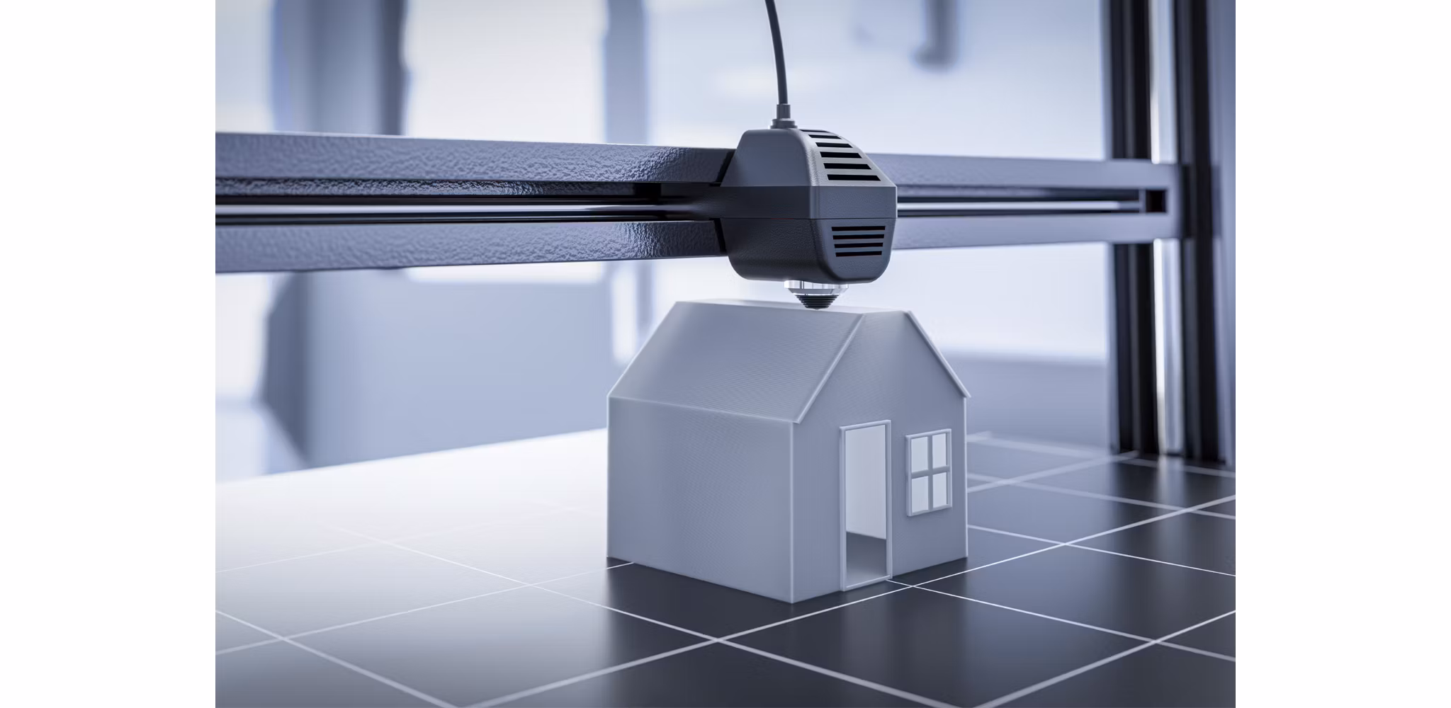 3D printer creating a detailed model of a house, symbolizing innovation in construction technology.