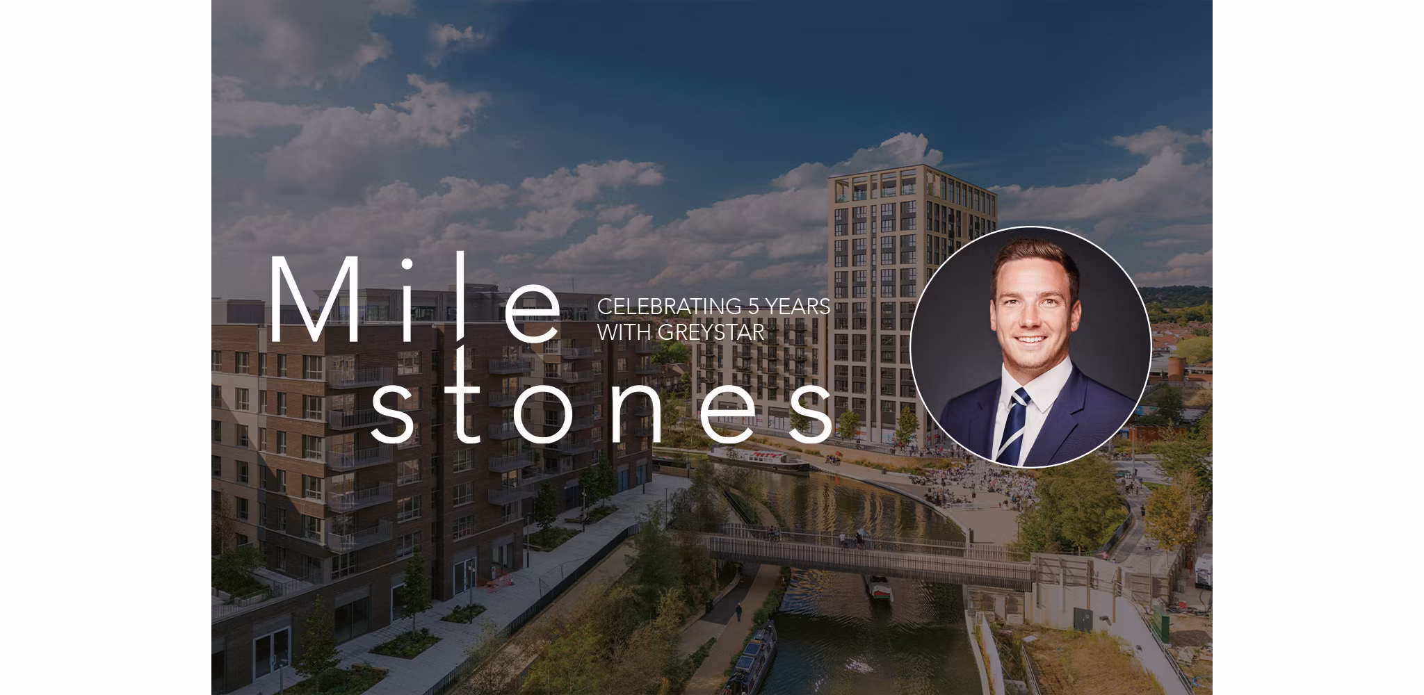 Banner image with text "Milestones" and headshot with background of cityscape