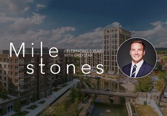 Banner image with text "Milestones" and headshot with background of cityscape