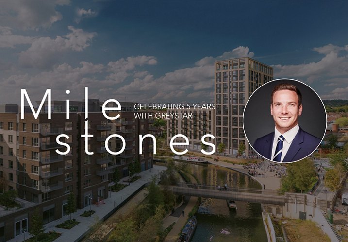 Banner image with text "Milestones" and headshot with background of cityscape