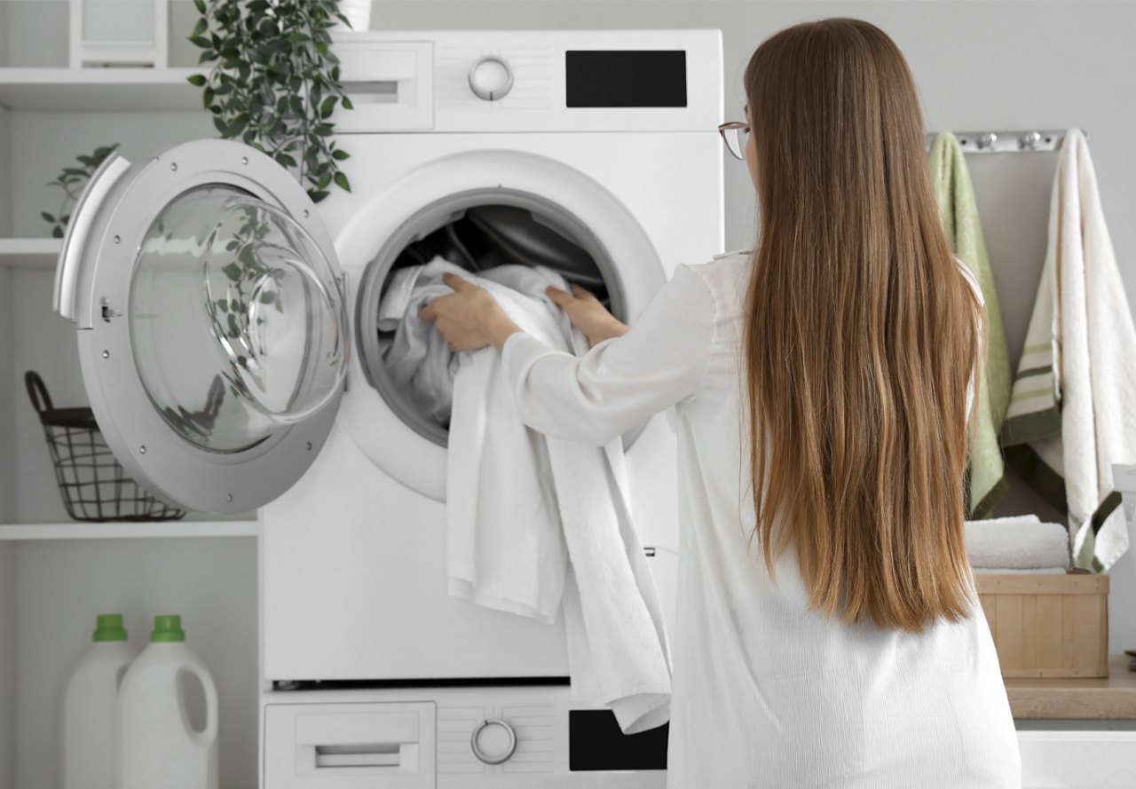 Woman putting laundry in machine at home surrounded by other laundry items