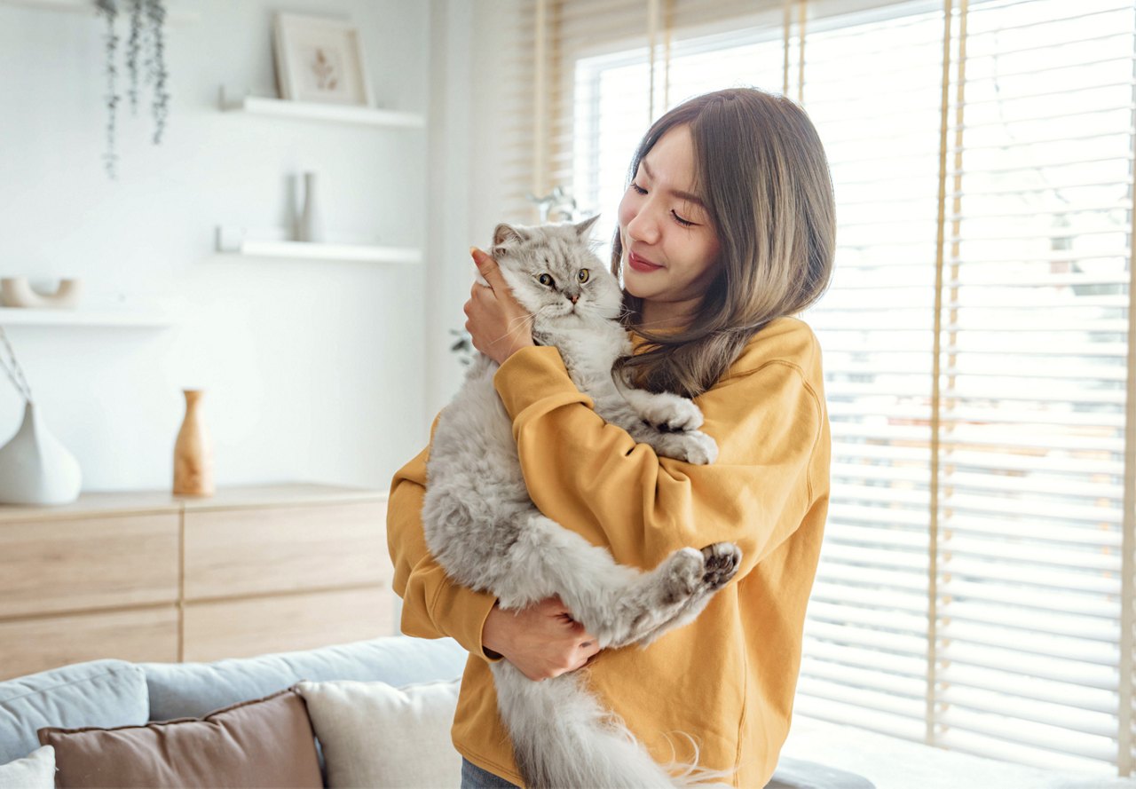 Young Asian woman holding pet cat in apartment living area