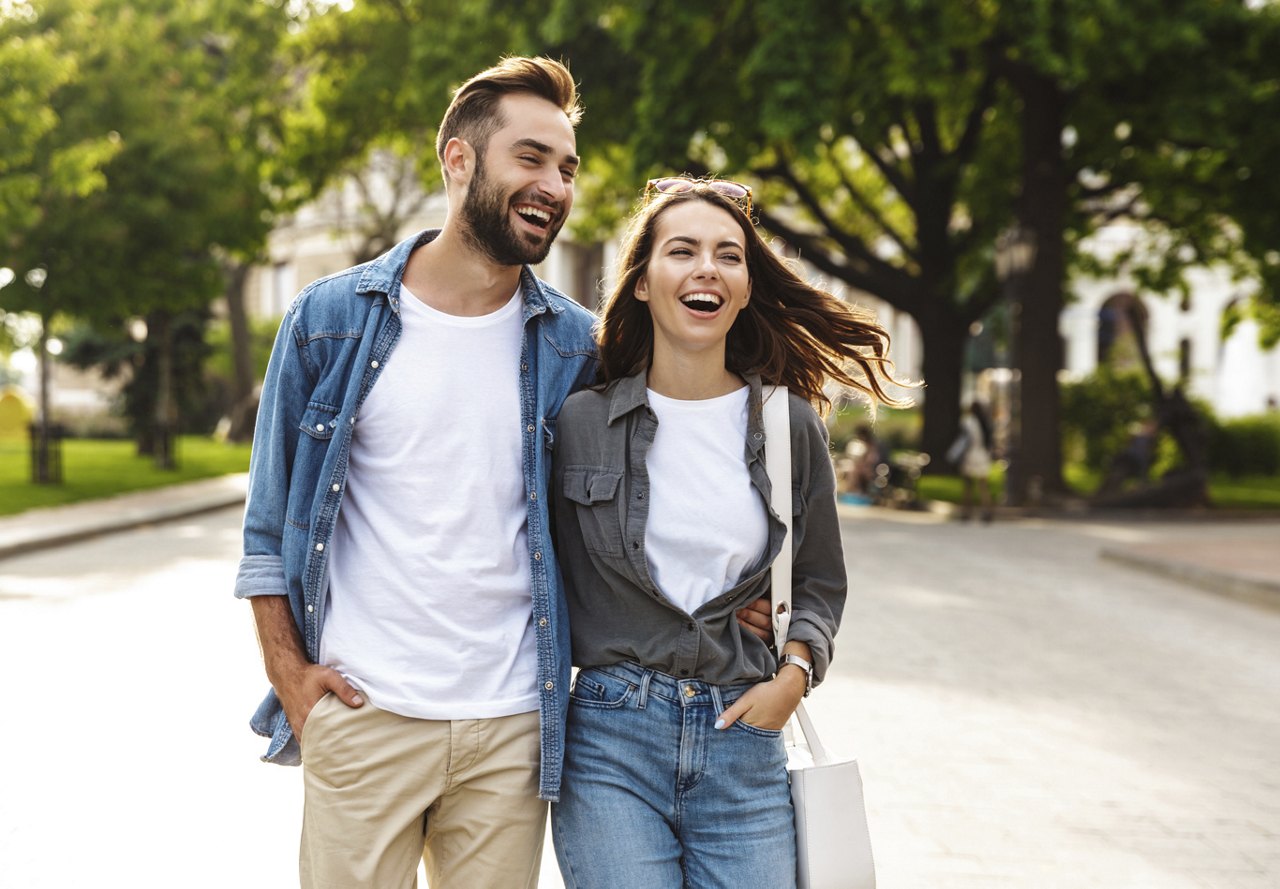 Young couple taking a walk in their neighborhood surrounded by trees