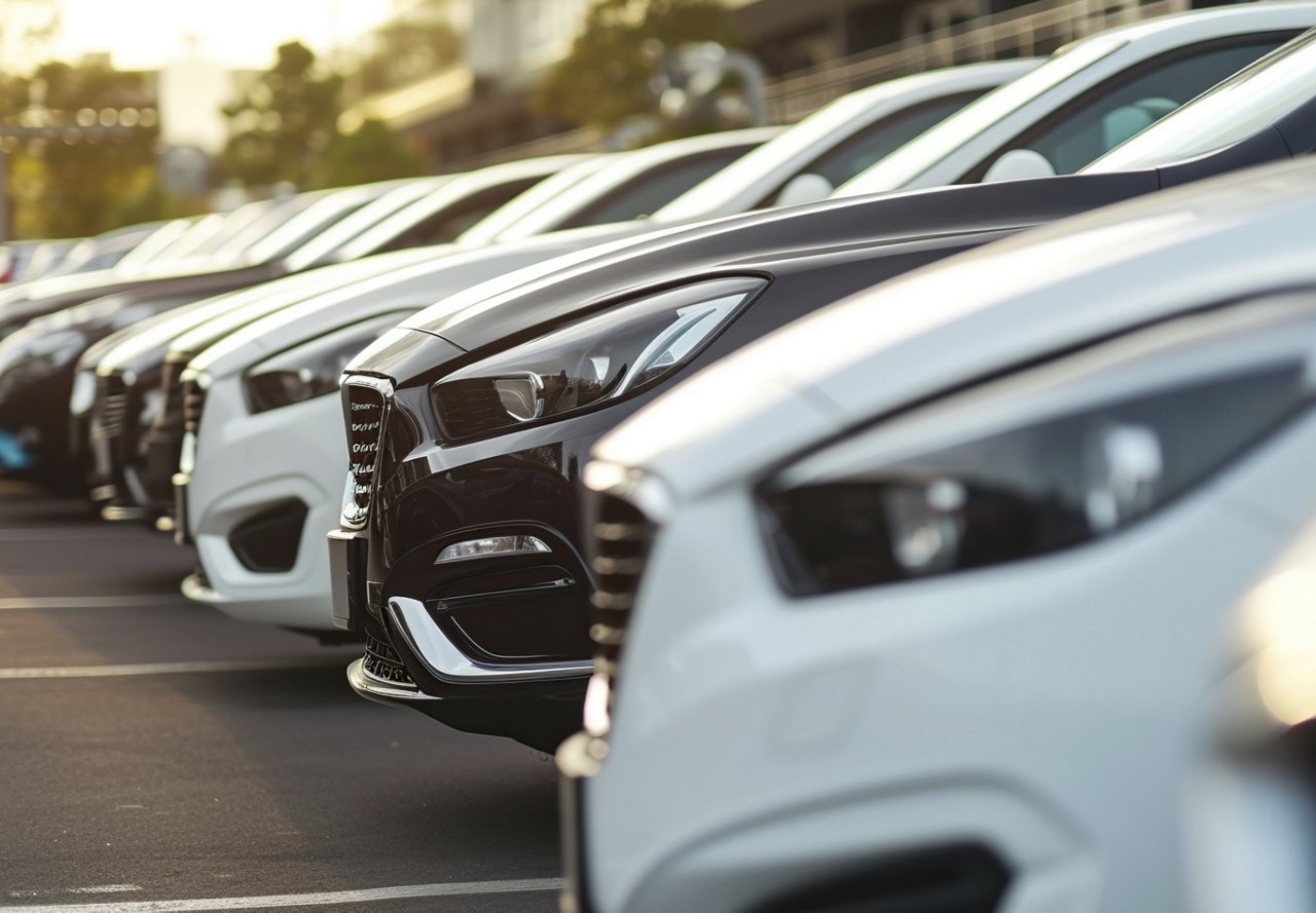 Cars in parking lot in metropolitan area