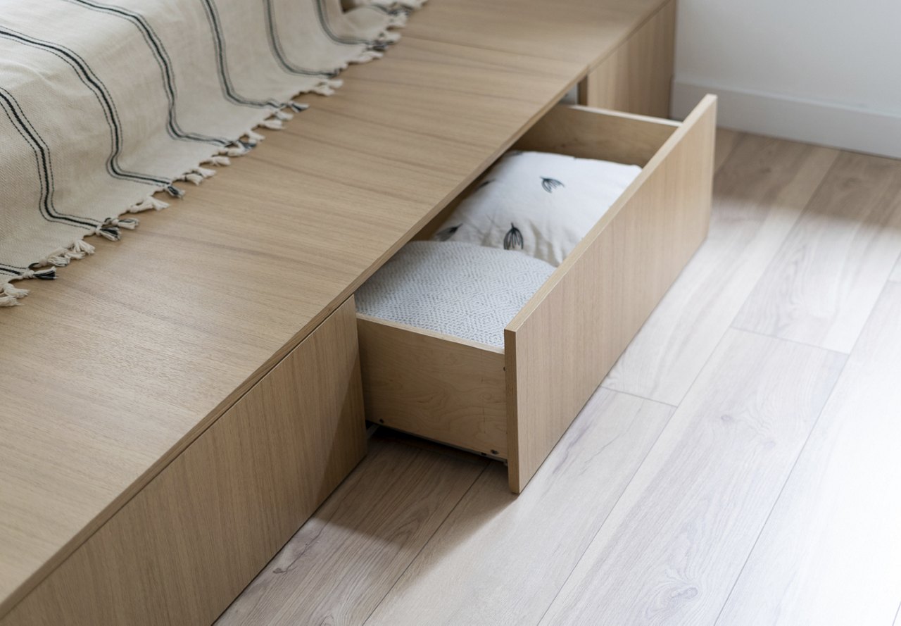 Wooden bed with striped blanket and storage underneath