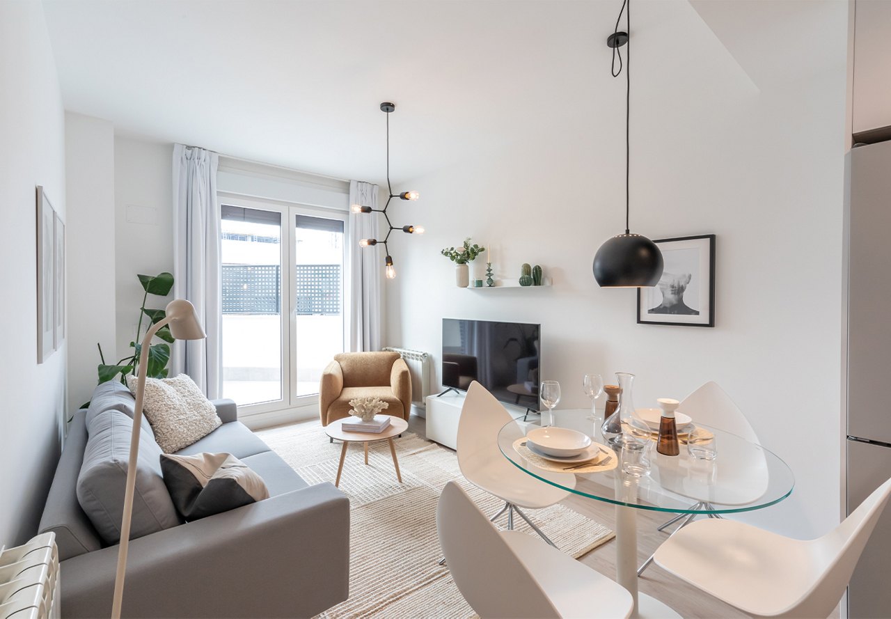 Neutral living area space in Greystar apartment in Spain