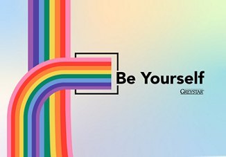 Rainbow graphic design with ombre background and the text "Be Yourself" with the Greystar logo