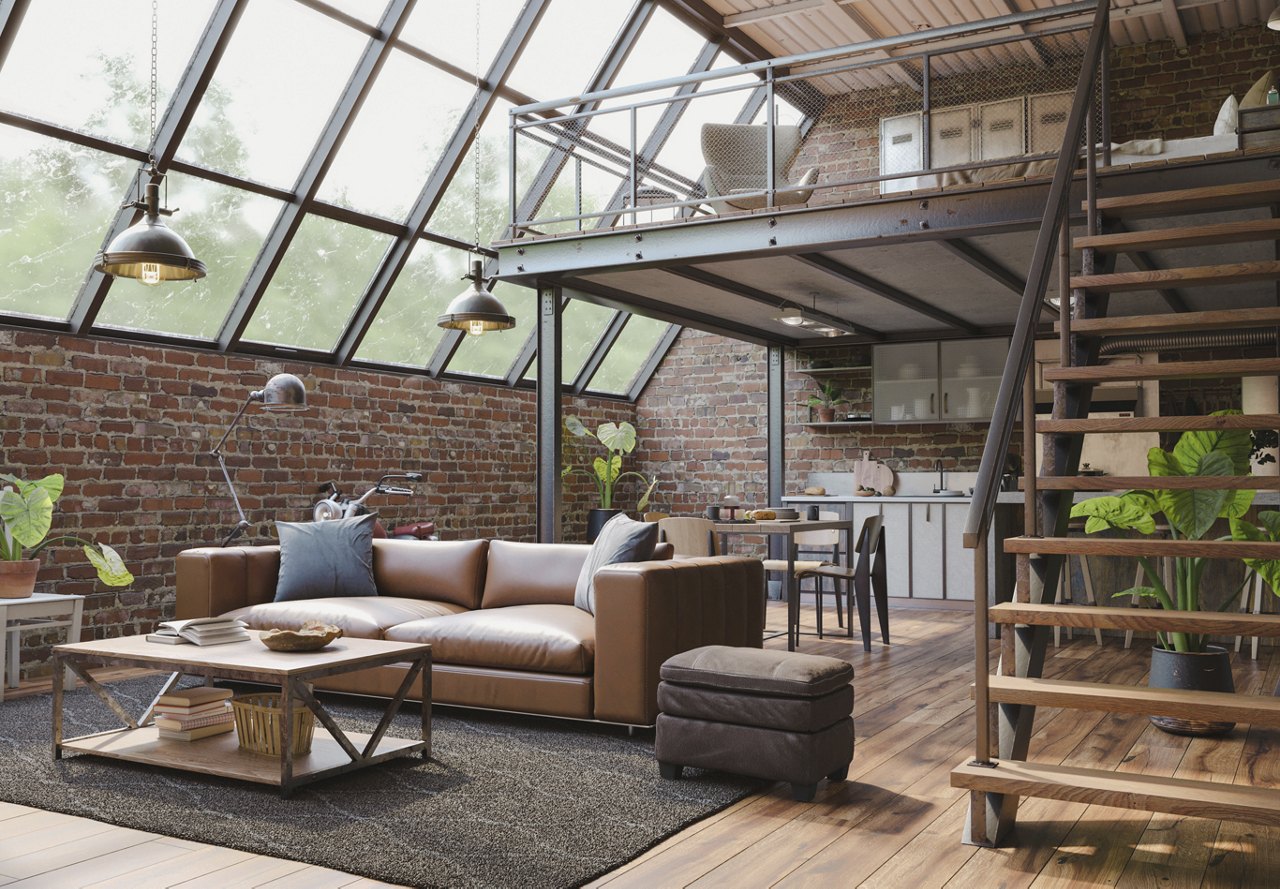 Loft apartment with a large window and neutral colors throughout the space