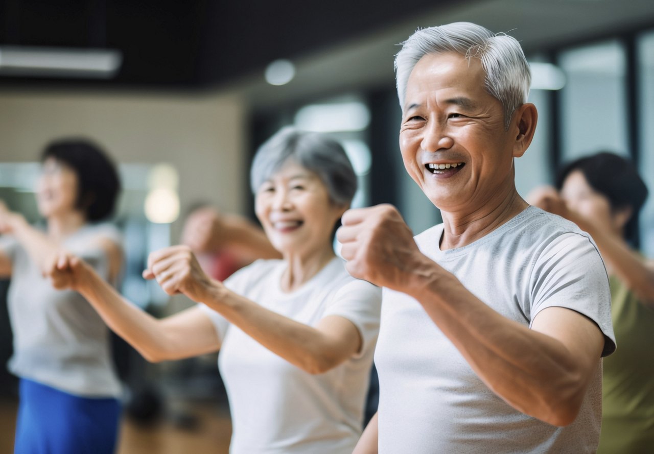 Senior man and woman with radiant smiles exercising in a group fitness class.