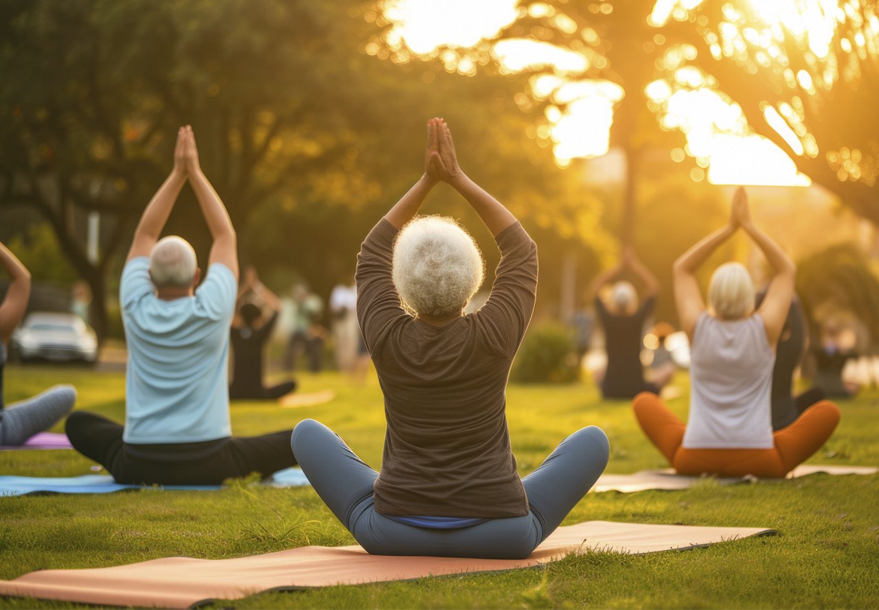 People practicing yoga in a park at sunset, with a focus on a person in a seated yoga pose with hands in prayer position.