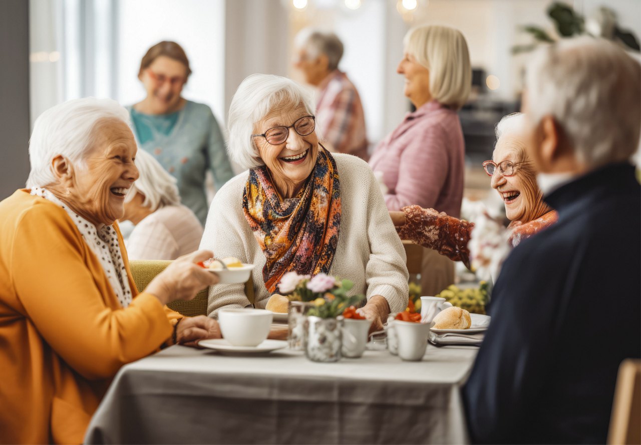 Text: "Group of elderly friends laughing and enjoying a meal together at a table.