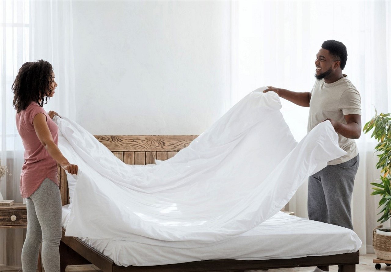 A couple makes the bed with a fresh white sheet in a bright room.