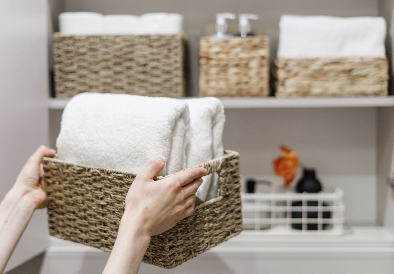 Person placing a basket of neatly folded towels into a well-organized bathroom storage closet stocked with essentials, offering a tidy and convenient space for easy access to supplies.