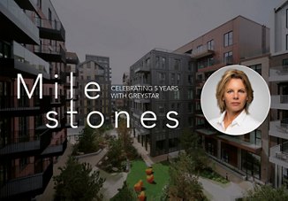 Graphic celebrating team member milestones, featuring a headshot of a middle-aged woman and a background image of a contemporary apartment complex with modern architectural details.