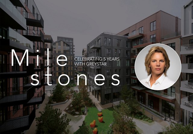 Graphic celebrating team member milestones, featuring a headshot of a middle-aged woman and a background image of a contemporary apartment complex with modern architectural details.