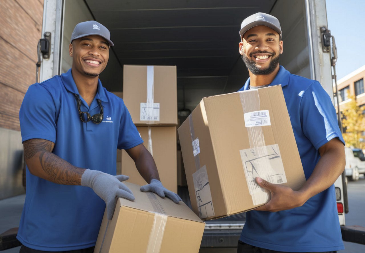 Two African American movers wearing blue polo shirts and hats, holding cardboard boxes in front of a moving truck they are loading in the background.