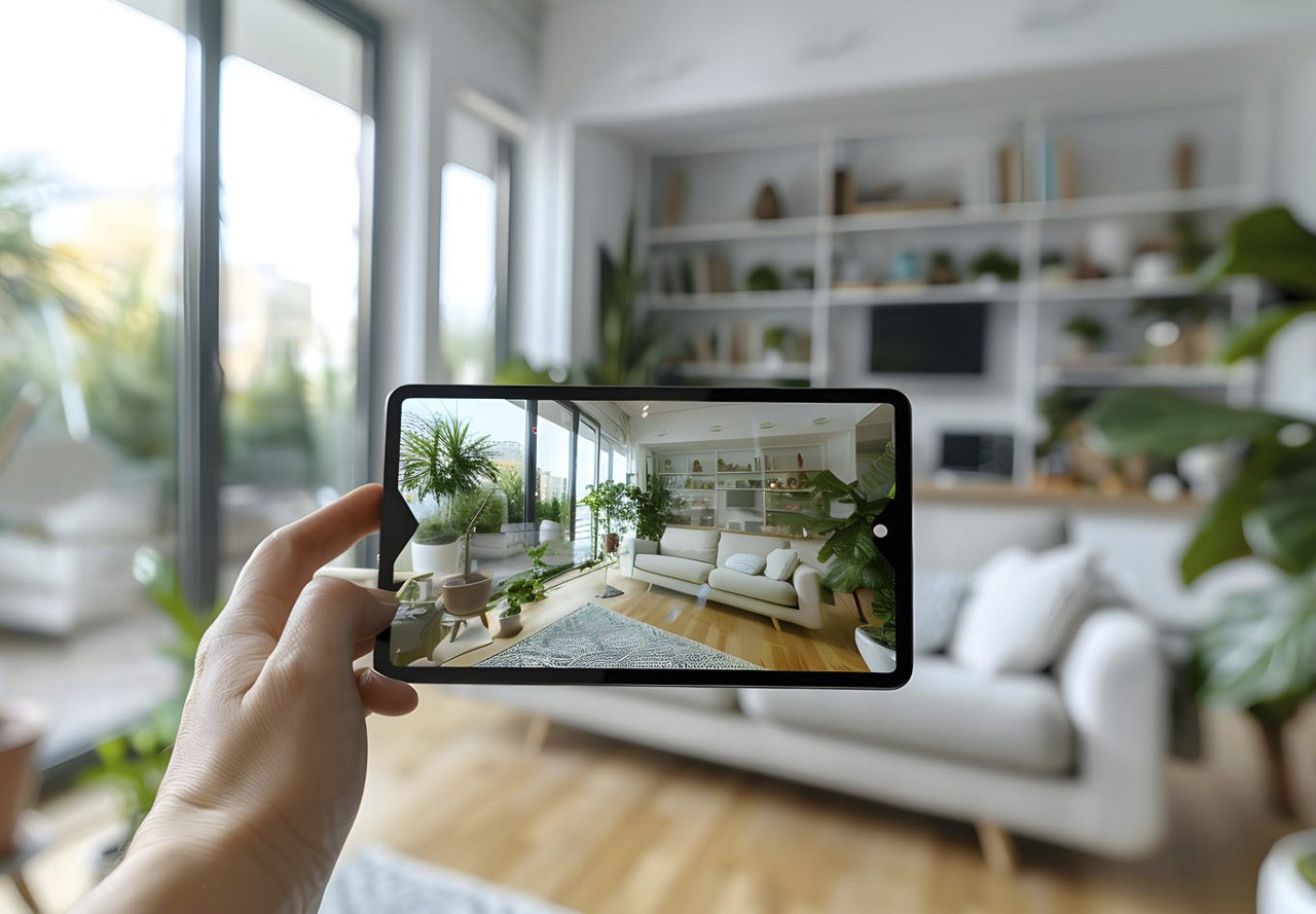 A person holding a phone aimed at their apartment's living space, capturing a photo of the room filled with leafy green indoor plants and neutral décor touches.