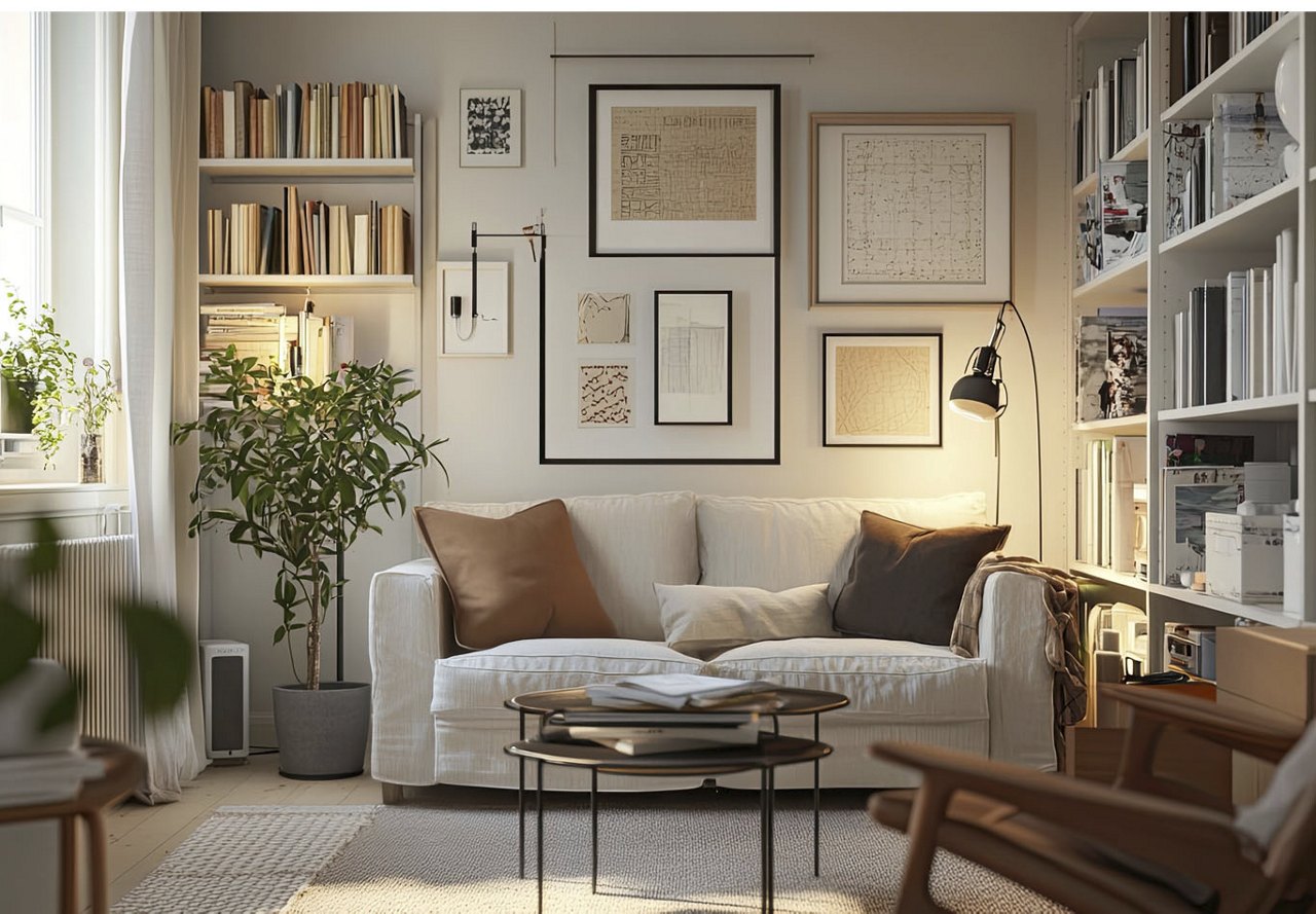 A gallery wall of artwork behind a couch in a home library, surrounded by books and decor, with sunlight streaming through the window to brighten the space.