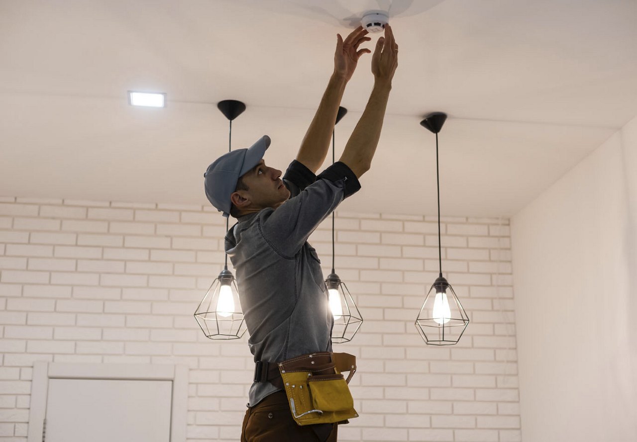 A handyman reaching up to repair a smoke detector in an apartment building, with a modern light fixture behind him and clean, white touches throughout the space.