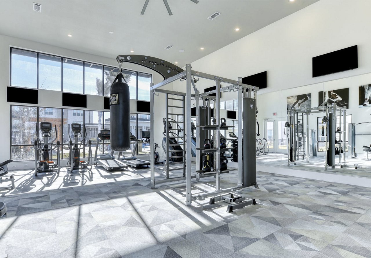 A sleek, modern fitness center in an apartment complex equipped with shiny workout machines, a large wall mirror, and expansive windows offering scenic outdoor views while exercising.