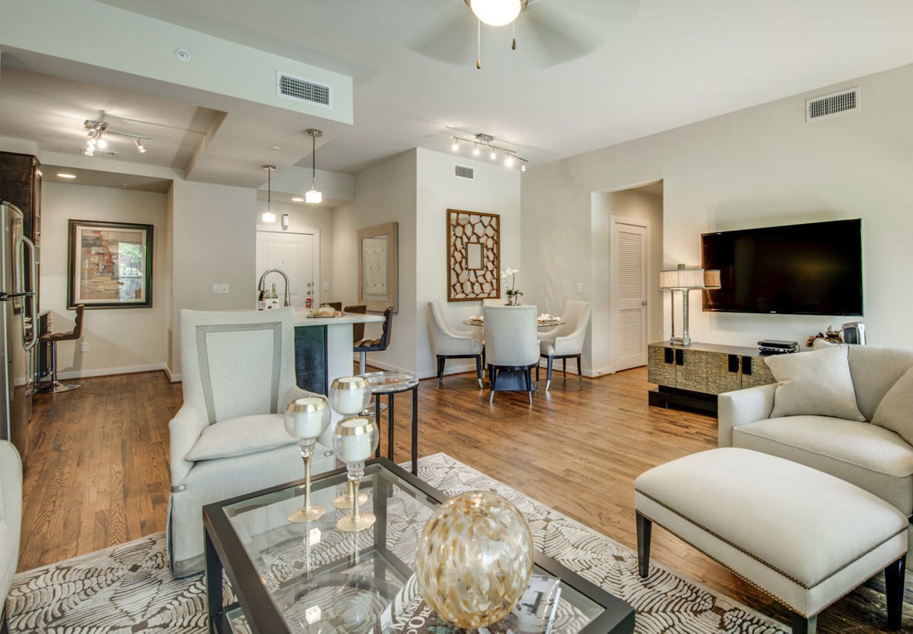 A stylish, modern apartment living area featuring elegant decor, a large flat-screen TV, and comfortable furnishings, perfect for entertaining.