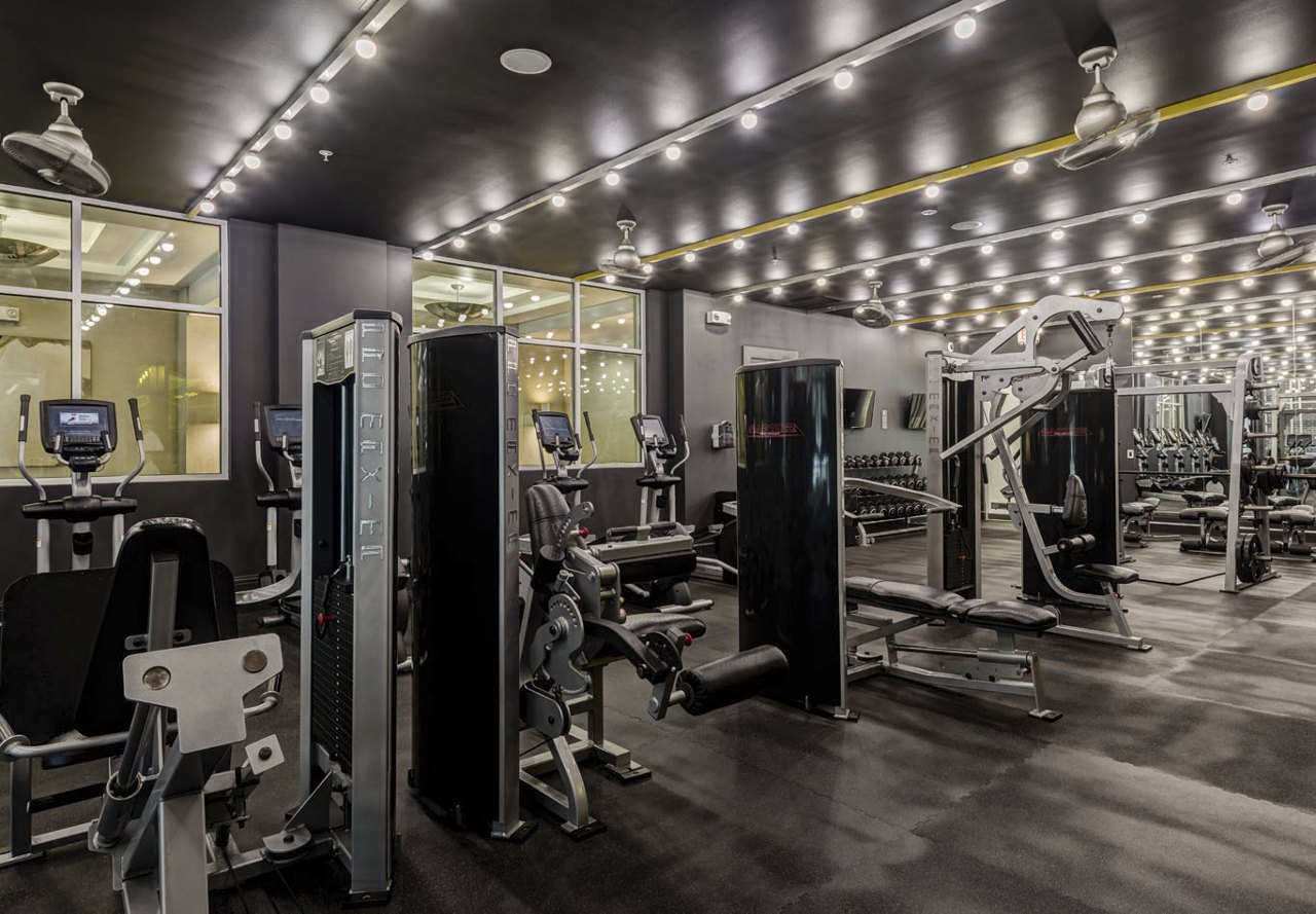  A fitness center equipped with a range of lifting equipment, all in a sleek matte black color. Bright overhead lights and large mirrors enhance the modern, stylish atmosphere of the space.