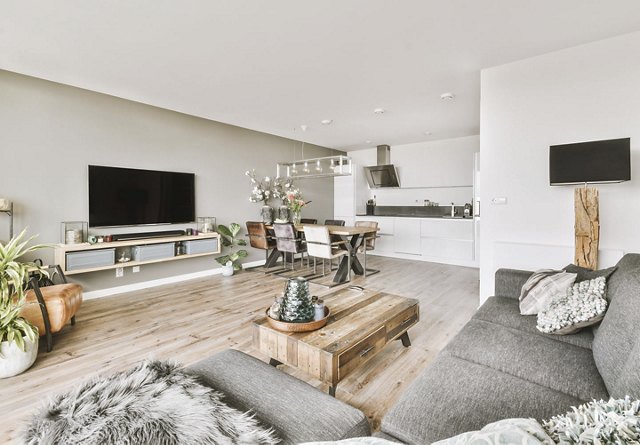 A modern studio apartment featuring neutral finishes, showcasing the living area and kitchen, with plants and decorative items enhancing the space.