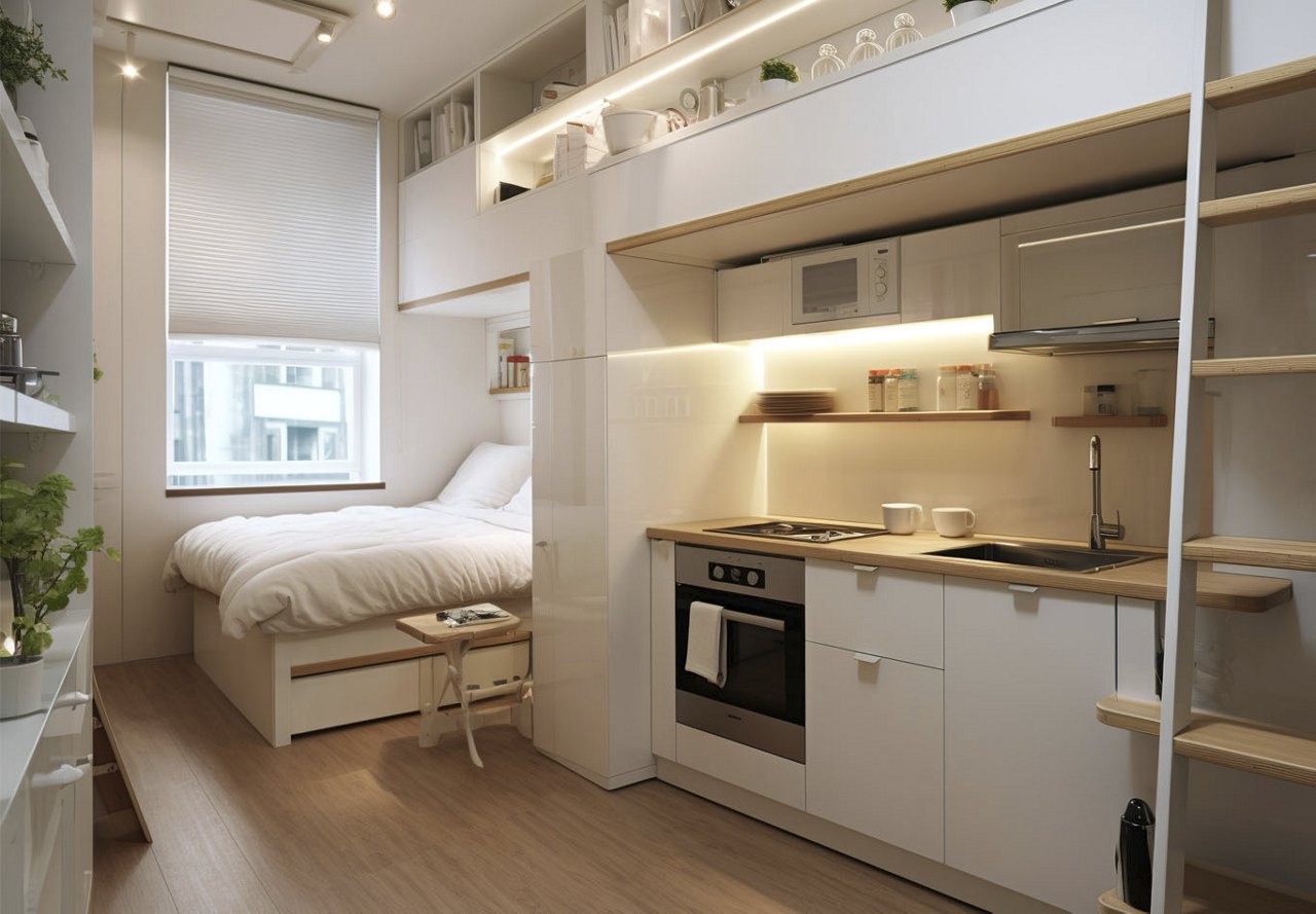 A small efficiency apartment with a compact design, featuring a kitchenette and bedroom in a limited space, set in an urban city environment.