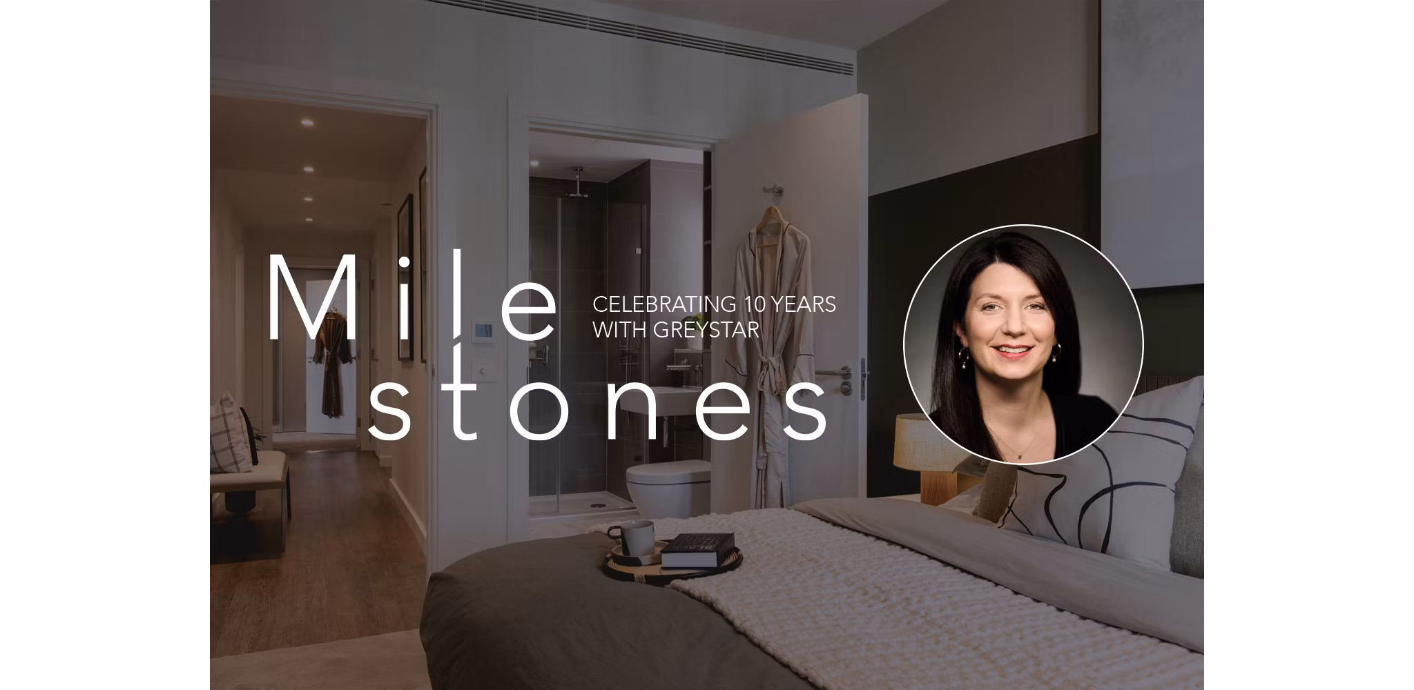 A graphic celebrating Bella Peacock's 10-year anniversary, featuring her headshot and a background photo of an apartment, highlighting her dedication to the team.