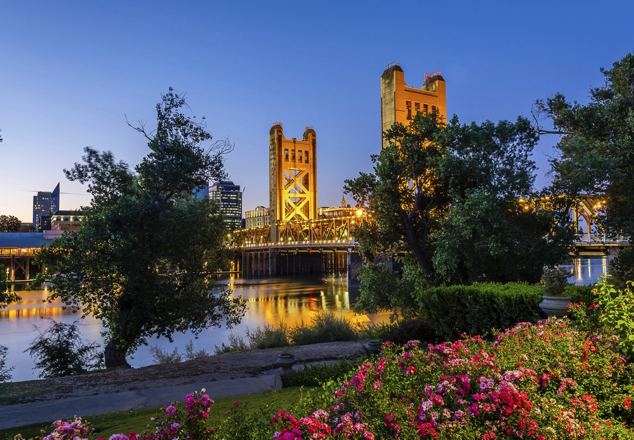 A scenic view of a bridge over a body of water in Sacramento, California, with floral bushes in the foreground and trees surrounding the area, creating a beautiful evening atmosphere.