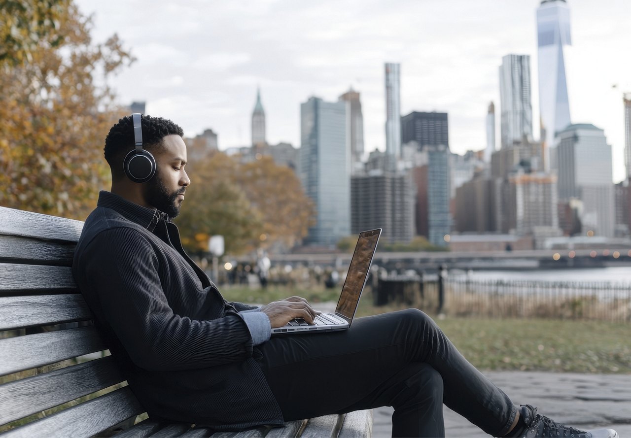 A man sitting on a bench in a New York City park, wearing headphones and working on his computer. The cityscape serves as a backdrop, with trees surrounding the scene.