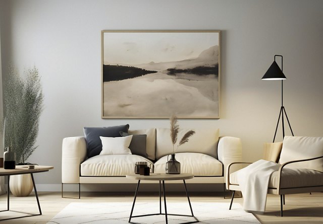 Modern living area with a coastal theme, featuring neutral decor, a large artwork above the couch, and a warm, inviting ambiance with soft lighting from a nearby lamp.