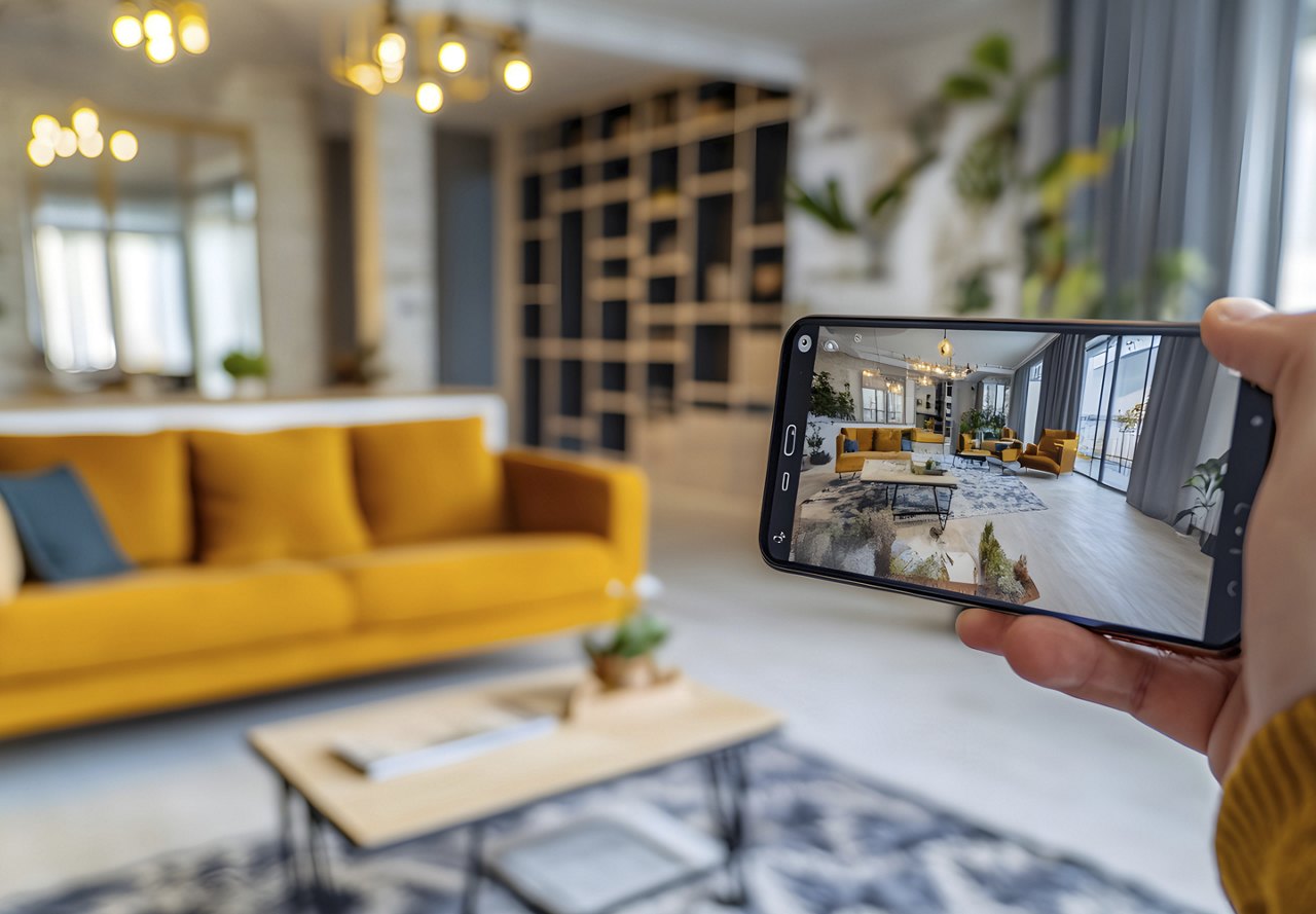 A person holding a phone, taking a virtual tour of an apartment unit and exploring its features while searching for the perfect apartment.