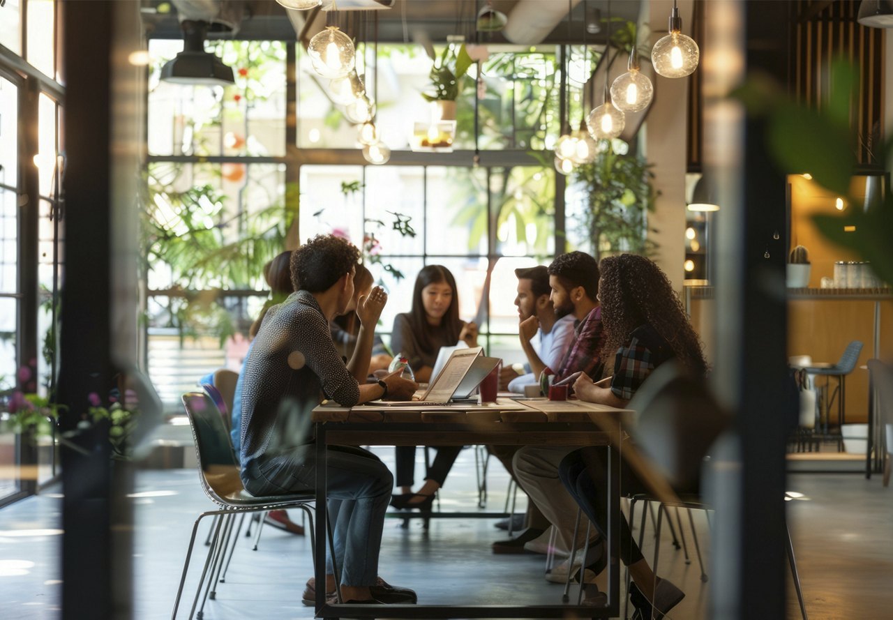 A group of people sitting at a table, studying together in a well-lit space with plenty of natural light. The room features a touch of greenery, and a window offers a view of the surrounding area.