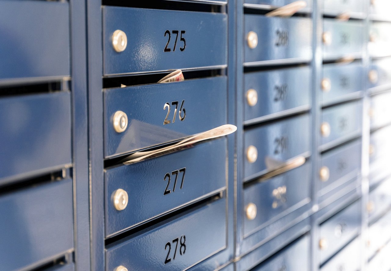 Close-up of blue mailboxes mounted on a wall, with various pieces of mail sticking out and a range of numbers displayed, highlighting a vibrant and active community space.