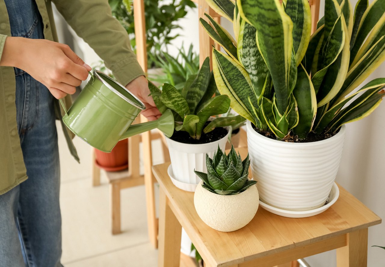 Man using a green watering can to water a variety of plants in his home, featuring an assortment of sizes and types, creating a vibrant and lush indoor space.