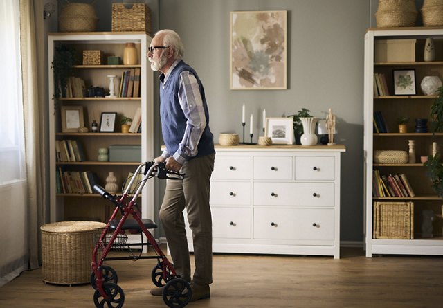 An older man using a walker, standing in his home and gazing out the window. The room is warmly lit by natural light streaming in, showcasing the cozy decor and inviting atmosphere of his living space.