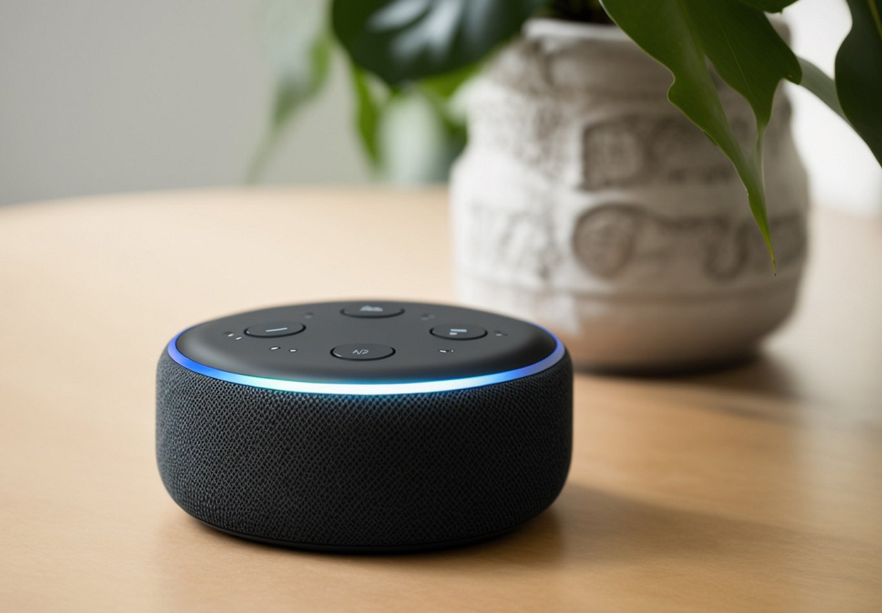 Black Echo Dot device on a light wooden surface in a home, with a blue light ring illuminated. A blurred background features a vase with a houseplant, adding a touch of greenery.