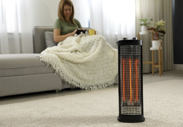 A woman sitting on her couch wrapped in a blanket, cuddling her pet cat, while a space heater warms the living area during the winter months. The cozy atmosphere is enhanced by house plants in the background.