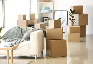 A view of an apartment filled with boxes as preparations for a move are underway, with some furniture and decor still in place amidst the packing process.