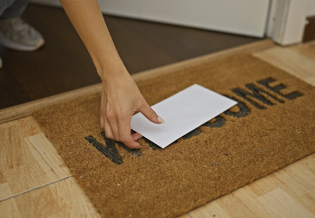 A person bends down to pick up an envelope from the welcome mat in front of their apartment door, which contains a showing notice from the apartment complex.